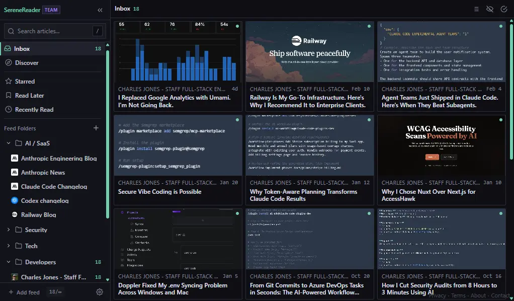 SereneReader RSS reader interface showing the dense, terminal-inspired article list with Jade Night theme
